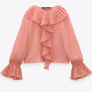Zara XSmall Pleated Ruffle Blouse, Mid-Pink